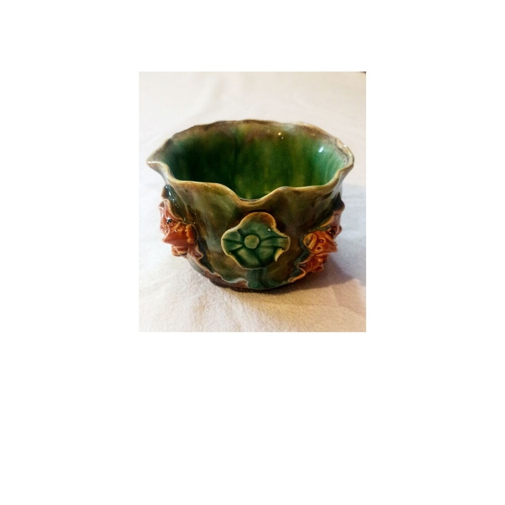 Vintage Majolica Style Green Glaze Ceramic Bowl Planter | Applied Floral Leaf